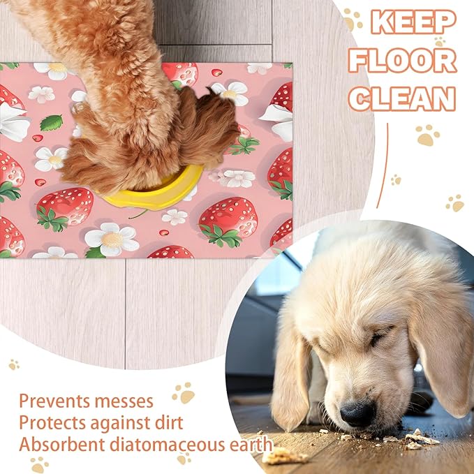 Strawberry Dog Food Mat for Floors Absorbent Dog Bowl Mat for Food and Water Dispenser Quick Dry Cat Food Placemat Pet Supplies 16" x 24", Floral