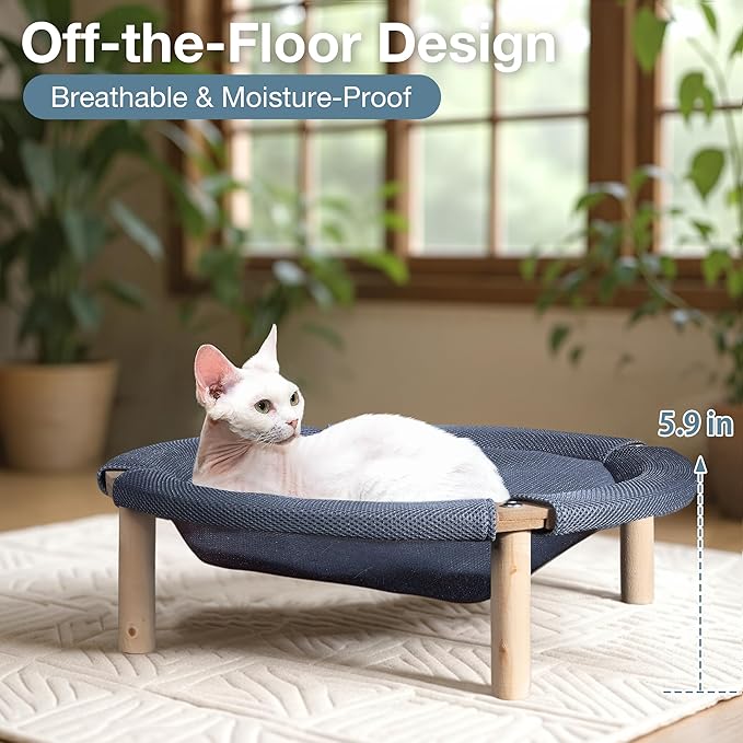 Wooden Elevated Cat Bed Hammock Breathable Scratch-Resistant Fabric, Pet Bed Suitable for Cats, Small Dogs, Rabbits up to 33 lbs, Grey (Medium, Round-Type)