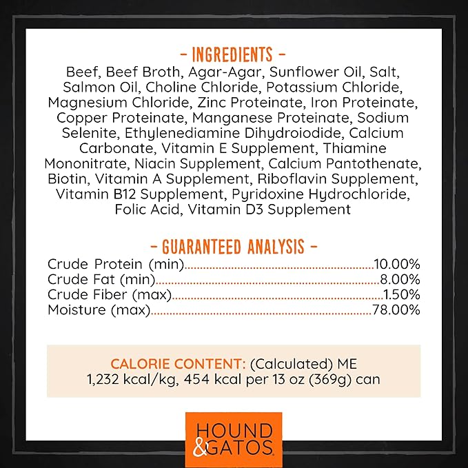 Hound & Gatos Wet Dog Food, 98% Beef, case of 12, 13 oz cans