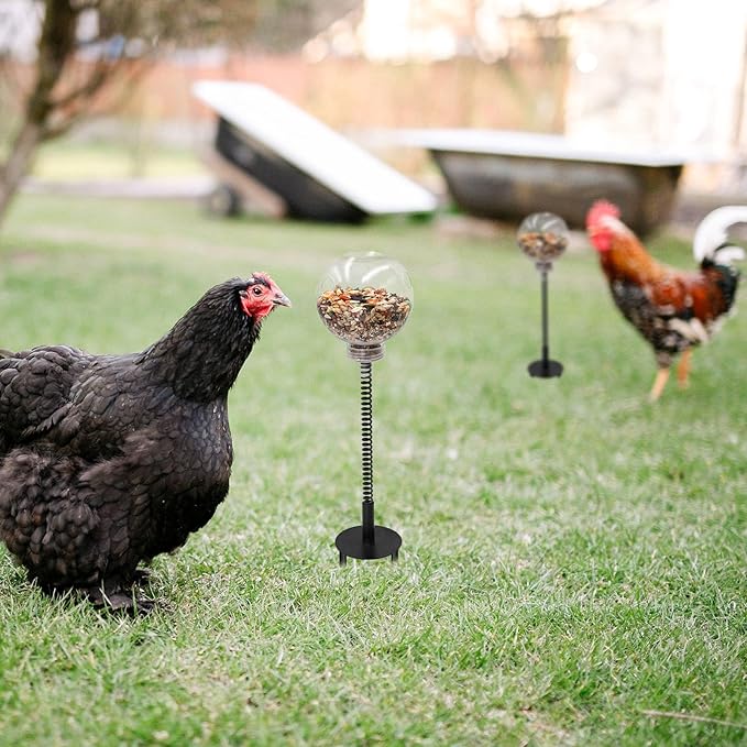 Chicken Enrichment Toys with Spring and Ground Stake, 4 Peck Treat Dispenser, Chicken Feeder for Coop, Coop Accessories for Hens, Geese, Ducks, Turkeys, Other Poultry