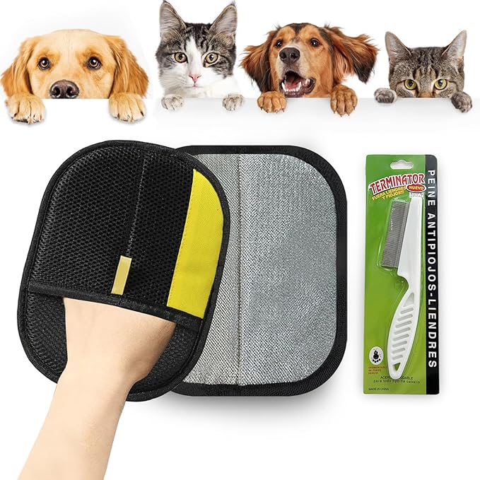 2pcs Set Pet Hair Remover Glove, Grooming Gloves for Dogs and Cats,Reusable Cat & Dog Hair Remover for Couch Furniture+Free Comb (Black)