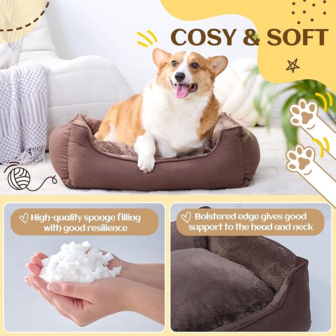 Makigued Rectangle Small Dog Bed with Removable Washable Cover Pet Bed with Bolster Sides Non-Slip Bottom Pet Sofa Waterproof Lining Durable Pet Cuddler, Dark Brown, 21x 16x 6.3 in