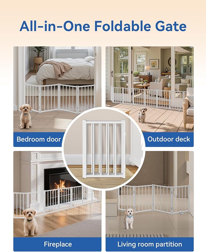 BFNN Free Standing Foldable Dog Gate, 16.5" High Step-Over Metal Short Pet Gate, Up to 72" Wide Puppy Fence for Stairs and Doorways, Indoor & Outdoor Use, No Drilling and No Assembly, White