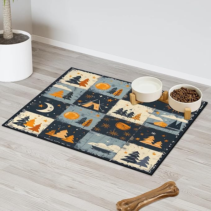 Rustic Trees Dog Food Mat for Floors Absorbent, Quick Dry Water Dispenser Mat for Food, Water, Pet Supplies 16" x 24", Sun Moon