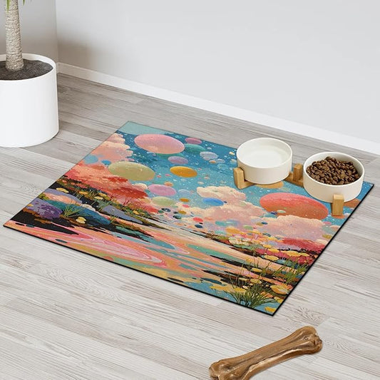 Forest Dog Food Mat for Floors Absorbent, Quick Dry Water Dispenser Mat for Food, Water, Pet Supplies 16" x 24", Watercolor Balloon