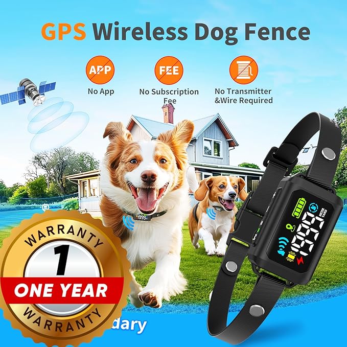 GPS Wireless Dog Fence - No Monthly Fee, Waterproof Pet Containment System with Smart Shock Collar - Safe GPS Tracker for Dogs - Adjustable, Rechargeable, Easy Setup