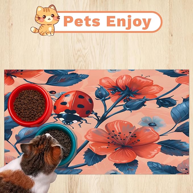 Ladybird Dog Food Mat for Floors Absorbent, Quick Dry Water Dispenser Mat for Food, Water, Pet Supplies 17" x 30", Summer Flower