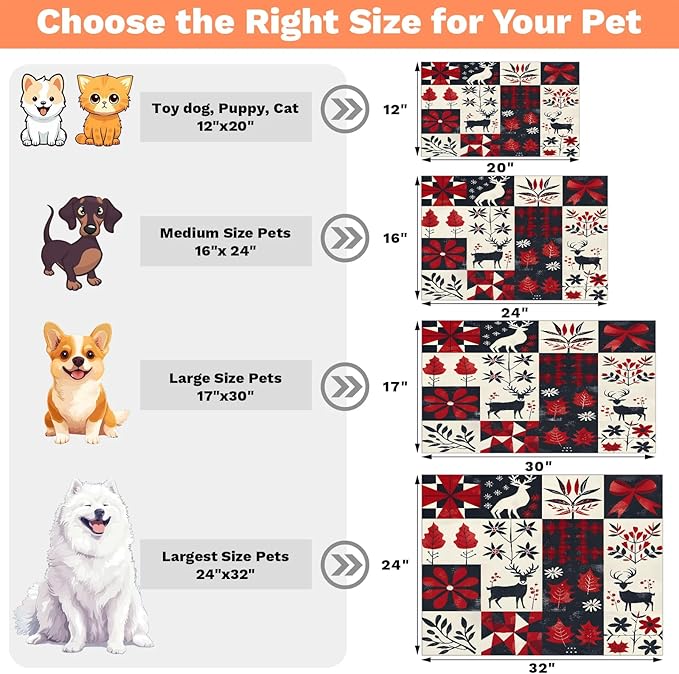 Xmas Deer Dog Food Mat for Floors Absorbent, Quick Dry Water Dispenser Mat for Food, Water, Pet Supplies 16" x 24", Christmas Tree