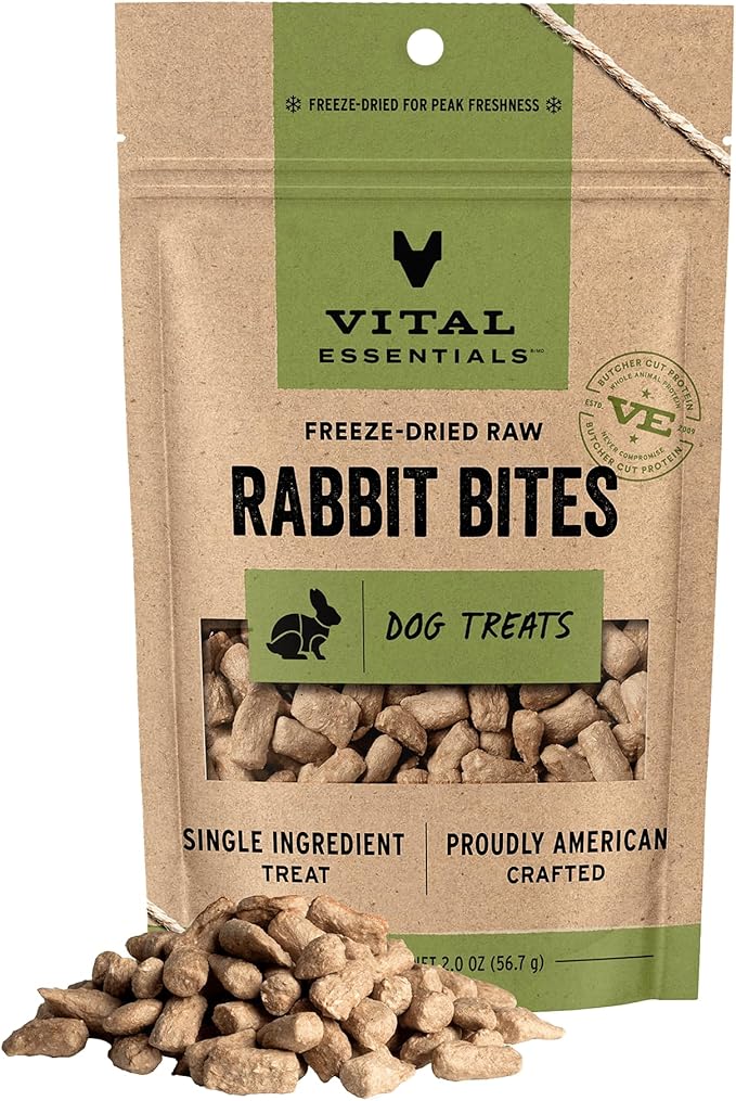 Vital Essentials Freeze Dried Dog Treats | Rabbit Bites, Single Ingredient | Premium Quality | Grain Free Training Treats for Dogs, 2 oz Bag