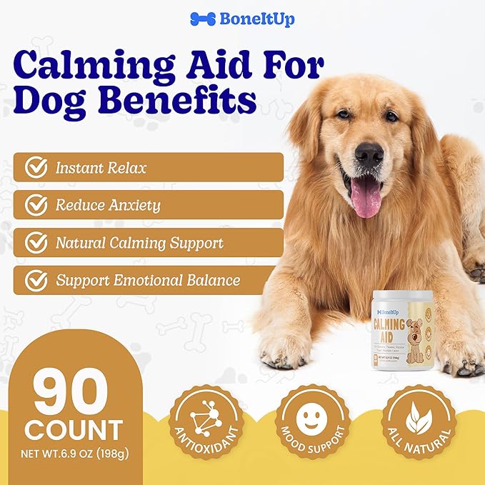 BoneItUp Pet Calming Chews for Dogs - Helps with Separation, Anxiousness, Thunderstorms & More - Natural Dog Calming Treats with Chamomile, L-Tryptophan & Melatonin for Balanced Mood & Sleep (90 Ct)
