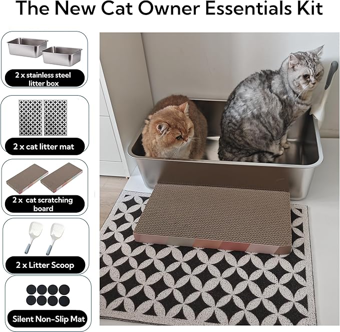 2 Pack Stainless Steel Cat Litter Box with High Sides - Metal Cat Pan, Large Indoor Litter Tray, Never Absorbs Odor, Pet Toilet Supplies Smooth Surface for Kitten, Kitty, Rabbit 19.7"x13.8"x8"