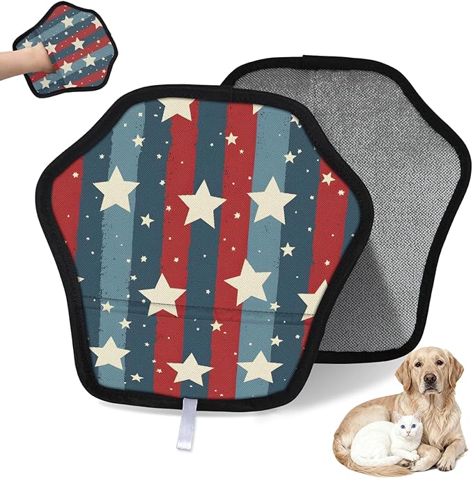 Stars Stripes Theme Electrostatic Pet Hair Removal Glove for Cats & Dogs - Reusable Grooming Mitt for Couch, Carpet, Car Seat & Laundry - Large 9x9 Inch