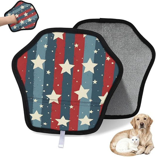 Stars Stripes Theme Electrostatic Pet Hair Removal Glove for Cats & Dogs - Reusable Grooming Mitt for Couch, Carpet, Car Seat & Laundry - Large 9x9 Inch