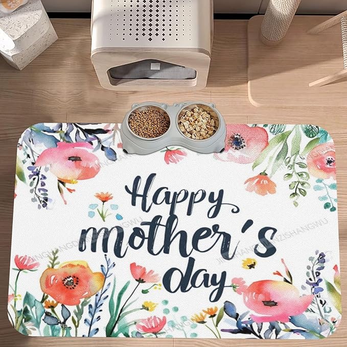 Dog Food Mats for Floors Absorbent Pet Cat Food Mat Happy Mother's Day Floral Gift Mom Ee Non Slip Dogs Bowl Mats for Water Dog Placemats Feeding Mat Pet Supplies 24x16In