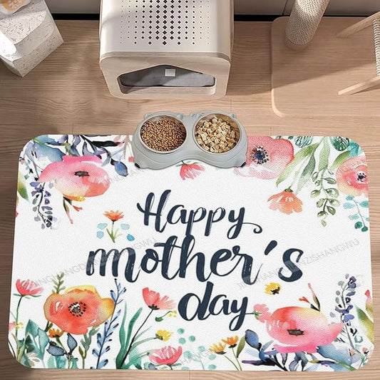Dog Food Mats for Floors Absorbent Pet Cat Food Mat Happy Mother's Day Floral Gift Mom Ee Non Slip Dogs Bowl Mats for Water Dog Placemats Feeding Mat Pet Supplies 18X12In