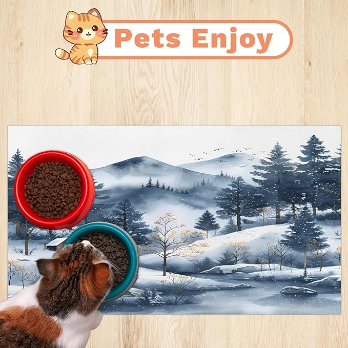 Rustic Villages Dog Food Mat for Floors Absorbent, Quick Dry Water Dispenser Mat for Food, Water, Pet Supplies 16" x 24", Winter Snowflake