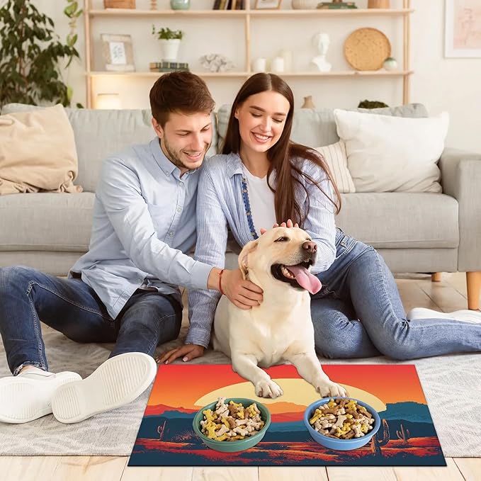 Boho Sunrise Dog Food Mat for Floors Absorbent, Quick Dry Water Dispenser Mat for Food, Water, Pet Supplies 17" x 30", Desert Cactus