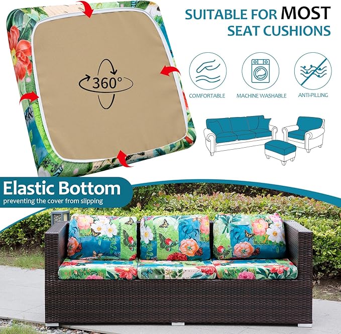 HANDONTIME Viantge Floral Outdoor Cushion Covers 8pcs Oil Painting Green Couch Cushion Covers Replacement Patio Couch Cover Sofa Cover Indoor Patio Cushion for Outdoor Furniture Washable, Cover Only