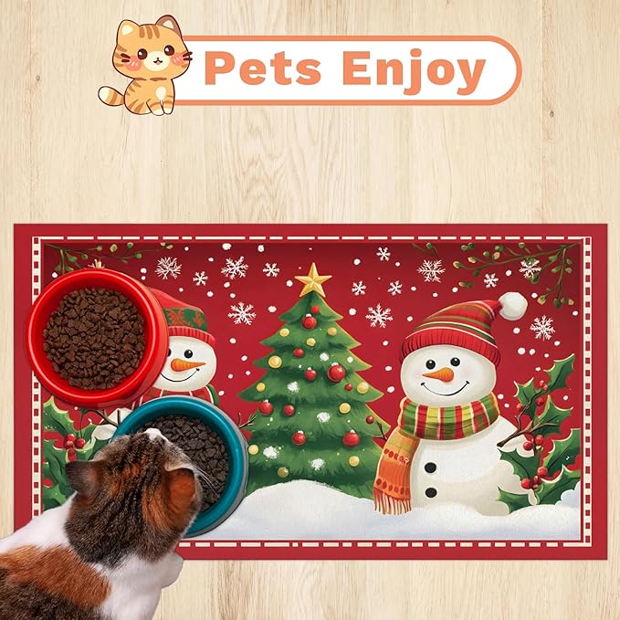 Christmas Snowman Dog Food Mat for Floors Absorbent, Quick Dry Water Dispenser Mat for Food, Water, Pet Supplies 16" x 24", Xmas Tree