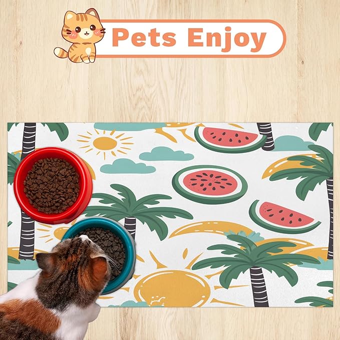Palm Tree Dog Food Mat for Floors Absorbent, Quick Dry Water Dispenser Mat for Food, Water, Pet Supplies 17" x 30", Watermelon