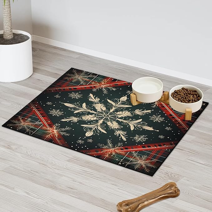 Christmas Check Dog Food Mat for Floors Absorbent, Quick Dry Water Dispenser Mat for Food, Water, Pet Supplies 12" x 20", Xmas Snowflake
