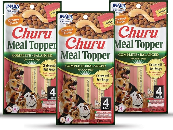 INABA Churu Meal Topper for Dogs, Complete & Balanced, Creamy, Lickable Purée Dog Food Topper, 0.5 Ounce Tube, 12 Tubes (4 per Pack) Chicken with Beef Recipe