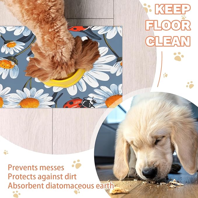 Red Ladybird Dog Food Mat for Floors Absorbent, Quick Dry Water Dispenser Mat for Food, Water, Pet Supplies 12" x 20", Daisy Flower