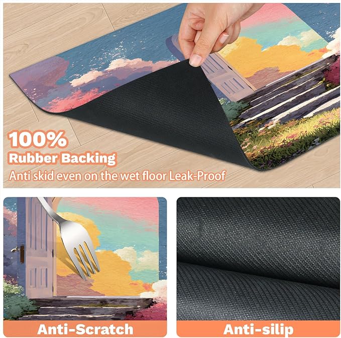 Cloud Door Dog Food Mat for Floors Absorbent, Quick Dry Water Dispenser Mat for Food, Water, Pet Supplies 17" x 30", Colorful Flower