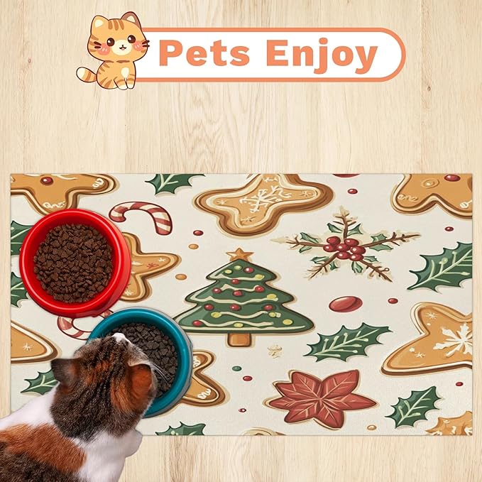 Christmas Tree Dog Food Mat for Floors Absorbent, Quick Dry Water Dispenser Mat for Food, Water, Pet Supplies 16" x 24", Xmas Gingerbread