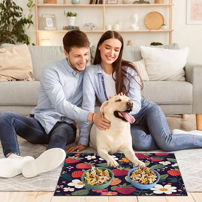 Strawberry Dog Food Mat for Floors Absorbent Dog Bowl Mat for Food and Water Dispenser Quick Dry Cat Food Placemat Pet Supplies 24" x 32", Spring Floral