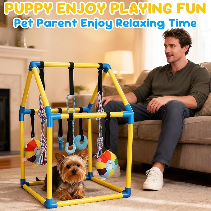 Puppy Play Gym with Hanging Toys, Dog Indoor Jungle Gym as Activities Center for Puppies, PVC Frame with 8 Enrichment Toys for Small Dogs Kitten and Other Pets