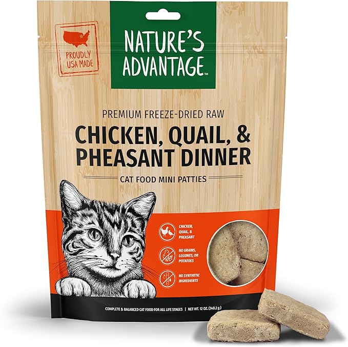 Nature's Advantage Freeze-Dried Raw Chicken, Quail, & Pheasant Cat Food Mini Patties, 12 oz | Grain Free, High Protein Nutrition