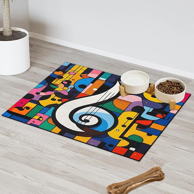 Music Dog Food Mat for Floors Absorbent Dog Bowl Mat for Food and Water Dispenser Quick Dry Cat Food Placemat Pet Supplies 17" x 30", Colorful Note