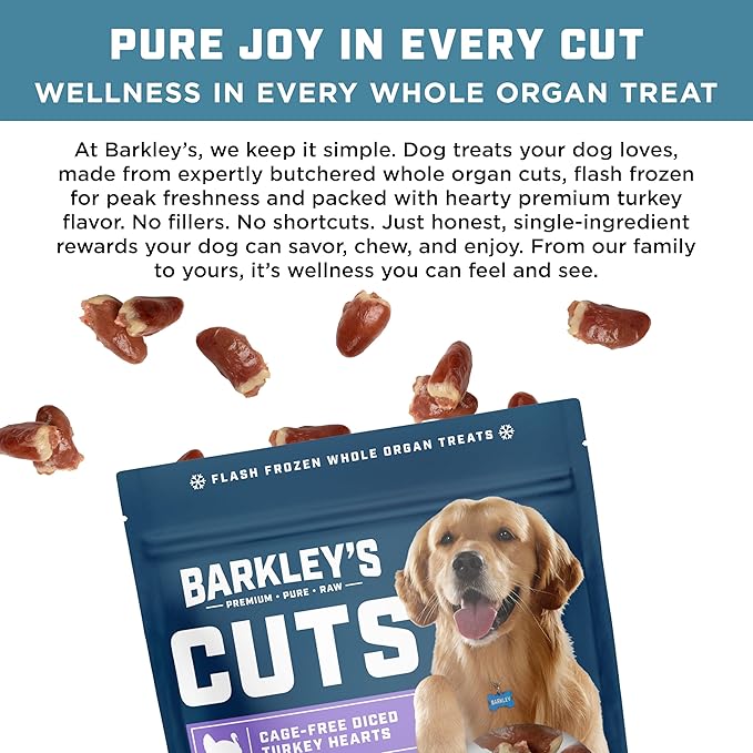 Barkley’s Cuts, Frozen Raw Diced Turkey Hearts Dog Treats, Single Ingredient, Flash Frozen, High Protein Training Treats and Food Toppers for Puppies and Dogs, Human Grade Ingredients, 16 Oz Bag