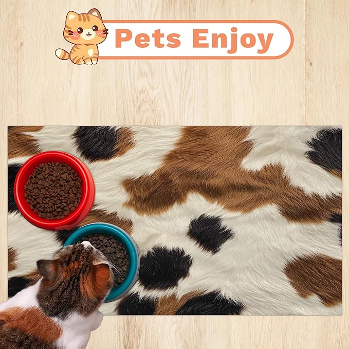 Cow Print Dog Food Mat for Floors Absorbent Dog Bowl Mat for Food and Water Dispenser Quick Dry Cat Food Placemat Pet Supplies 16" x 24", Cow Skin