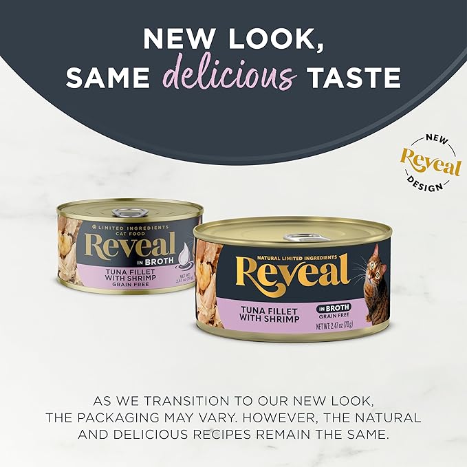 Reveal Natural Wet Canned Cat Food, Limited and Natural Ingredients, Grain Free, High Protein with No Artificial Additives, Tuna Fillet with Shrimp in Broth (24 x 2.47 oz Cans)