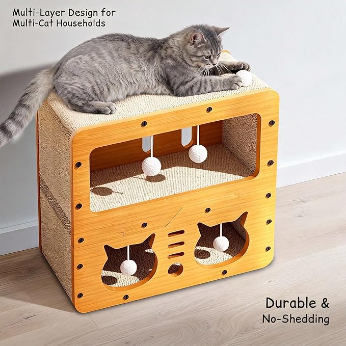Multi-Function Cat Scratcher House Box,3-in-1 Scratch Pad and Soft Bed & Play Cave with Toys, Durable Build & Ideal for Cats/Kitty (Yellow,MD-CAT2)