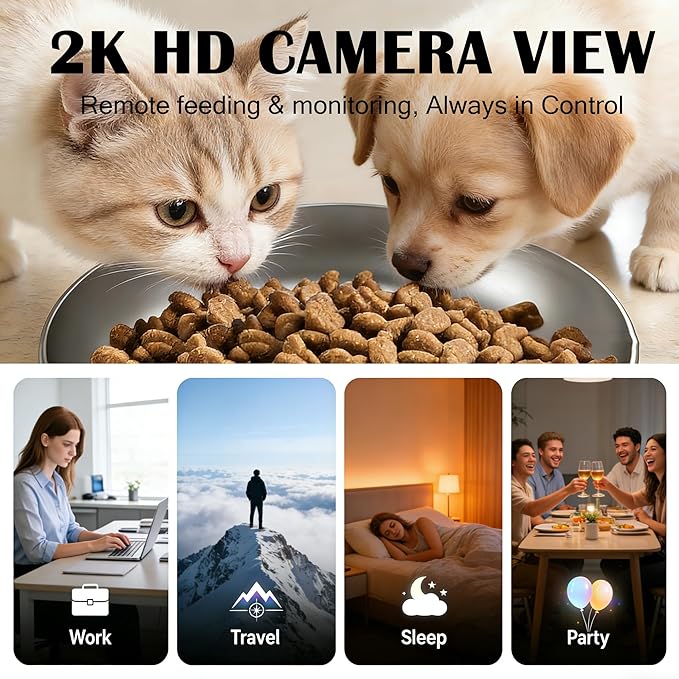 Automatic Cat Feeder with 2K Camera: Cat Food Dispenser with 6L Capacity, Container for Multiple Pet; Automatic Dog Feeder with Night Vision Support 5/2.4GHz & 2-Way Audio, Anti-Jam Design (Black)
