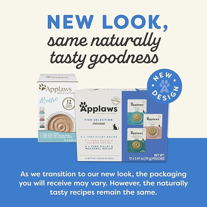 Applaws Natural Wet Cat Food in Mousse, Limited and Natural Ingredients, Grain-Free, High Protein with No Artificial Additives, Fish Variety Pack (12 x 2.47oz Pouches)