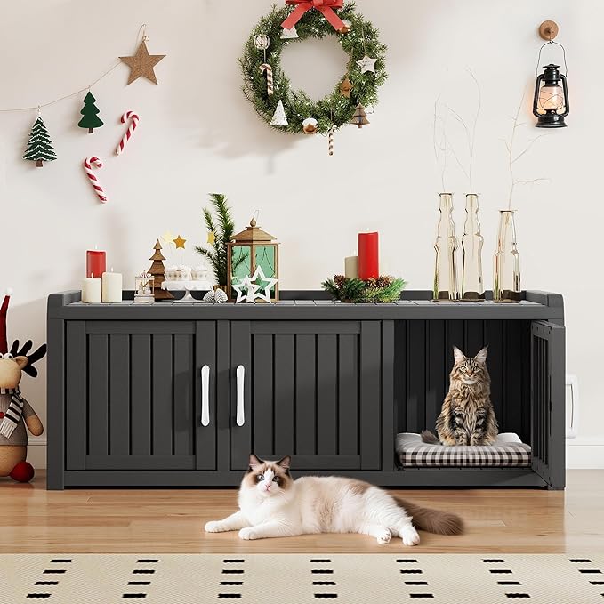 KAMABOKO Cat Litter Box Enclosure Hidden Litter Box Furniture with Door and Window, Multi-Functional Cat Furniture for Living Room Bedroom, Black