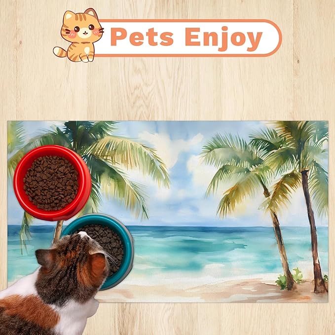 Summer Beach Dog Food Mat for Floors Absorbent, Quick Dry Water Dispenser Mat for Food, Water, Pet Supplies 17" x 30", Tropical Palm Tree