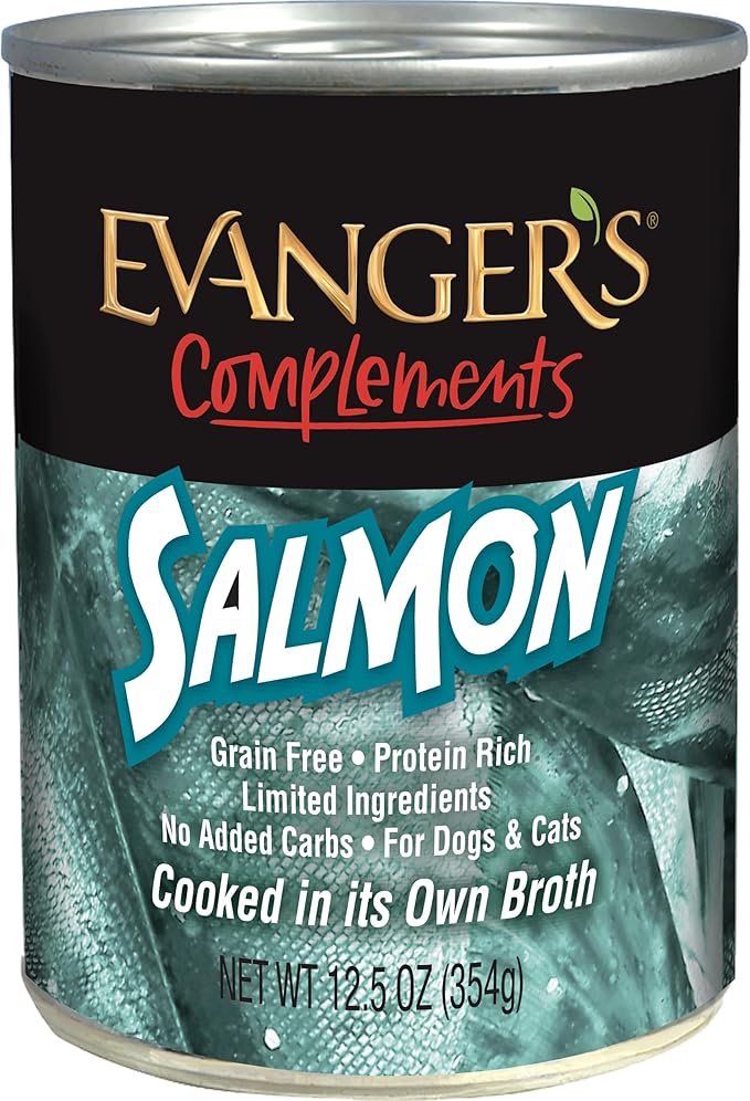 Evanger's Complements Grain Free Salmon for Dogs & Cats – 12 Count, 12.5 oz Each – Single Protein, Grain & Gluten Free, Rich in Omegas, Protein Rotation, Dry Food Topper