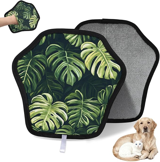 Tropical Leaf Print Electrostatic Pet Hair Removal Glove for Cats & Dogs - Reusable Grooming Mitt for Couch, Carpet, Car Seat & Laundry - Large 9x9 Inch