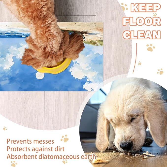 Seasides Sailboat Dog Food Mat for Floors Absorbent, Quick Dry Water Dispenser Mat for Food, Water, Pet Supplies 12" x 20", Ocean Beach