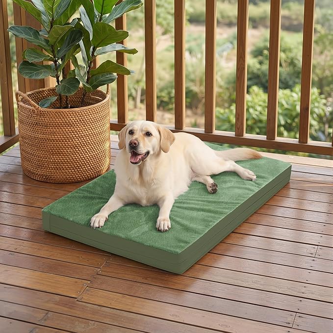 Outdoor Dog Beds Large Sized Dog Waterproof Washable, XL Leather Crate Pad 42 inch, Extra Large Orthopedic Foam Pet Bed with Removable Cover Reversible, Anti-Slip Kennel Pad, 41"x27", Green