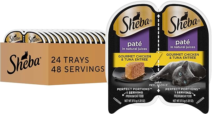 Sheba Perfect Portions Wet Cat Food Pate Gourmet Chicken & Tuna Entree, 2.6 oz. Twin-Pack Trays, Cat Food Wet Recipe (24 Count, 48 Servings)