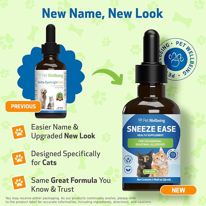 Pet Wellbeing Sneeze Ease for Cats - Occasional Sneezing, Seasonal Allergies, Nose and Eye Discomfort, Eyebright, Nettles - Veterinarian-Formulated Herbal Supplement 2 oz (59 ml)