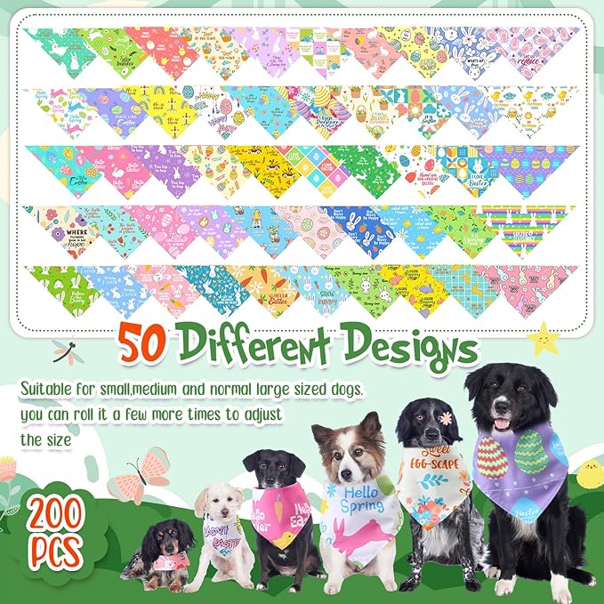 Kacctyen 100 Pcs Easter Dog Bandanas Bulk Dog Adjustable Cute Washable Triangle Kerchief Scarf Bibs for Small to Medium Pet Seasonal Party Costume Accessories