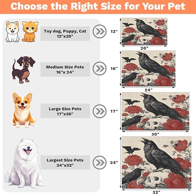Halloween Crow Dog Food Mat for Floors Absorbent, Quick Dry Water Dispenser Mat for Food, Water, Pet Supplies 12" x 20", Skull Floral