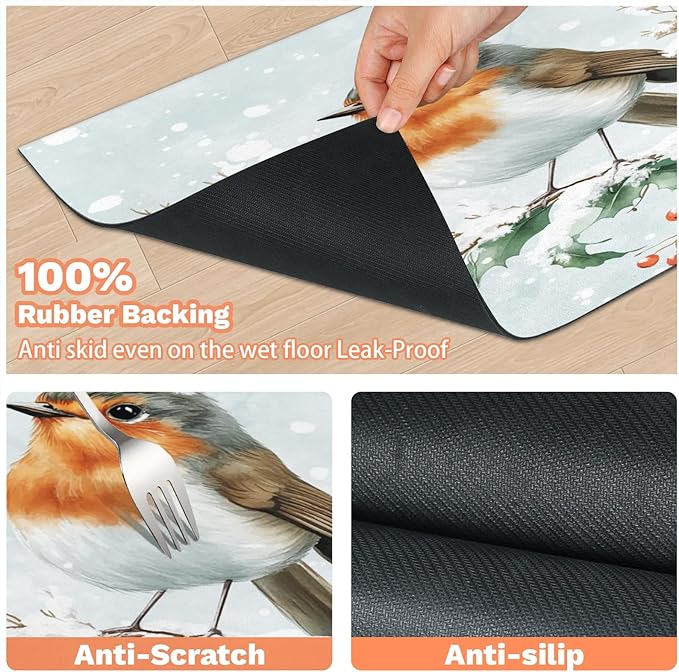 Winter Bird Dog Food Mat for Floors Absorbent, Quick Dry Water Dispenser Mat for Food, Water, Pet Supplies 24" x 32", Xmas Holly